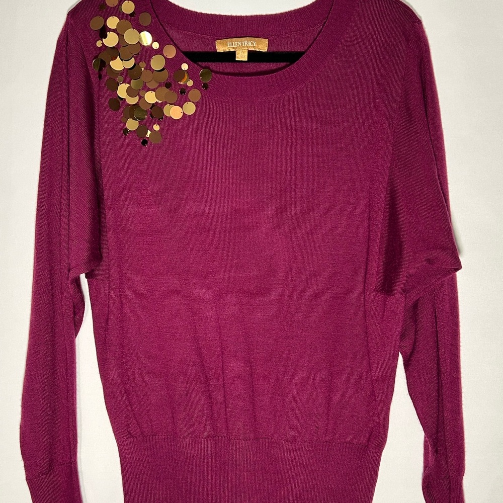 Ellen Tracy Fuchsia Sweater with Gold Sequin Accents